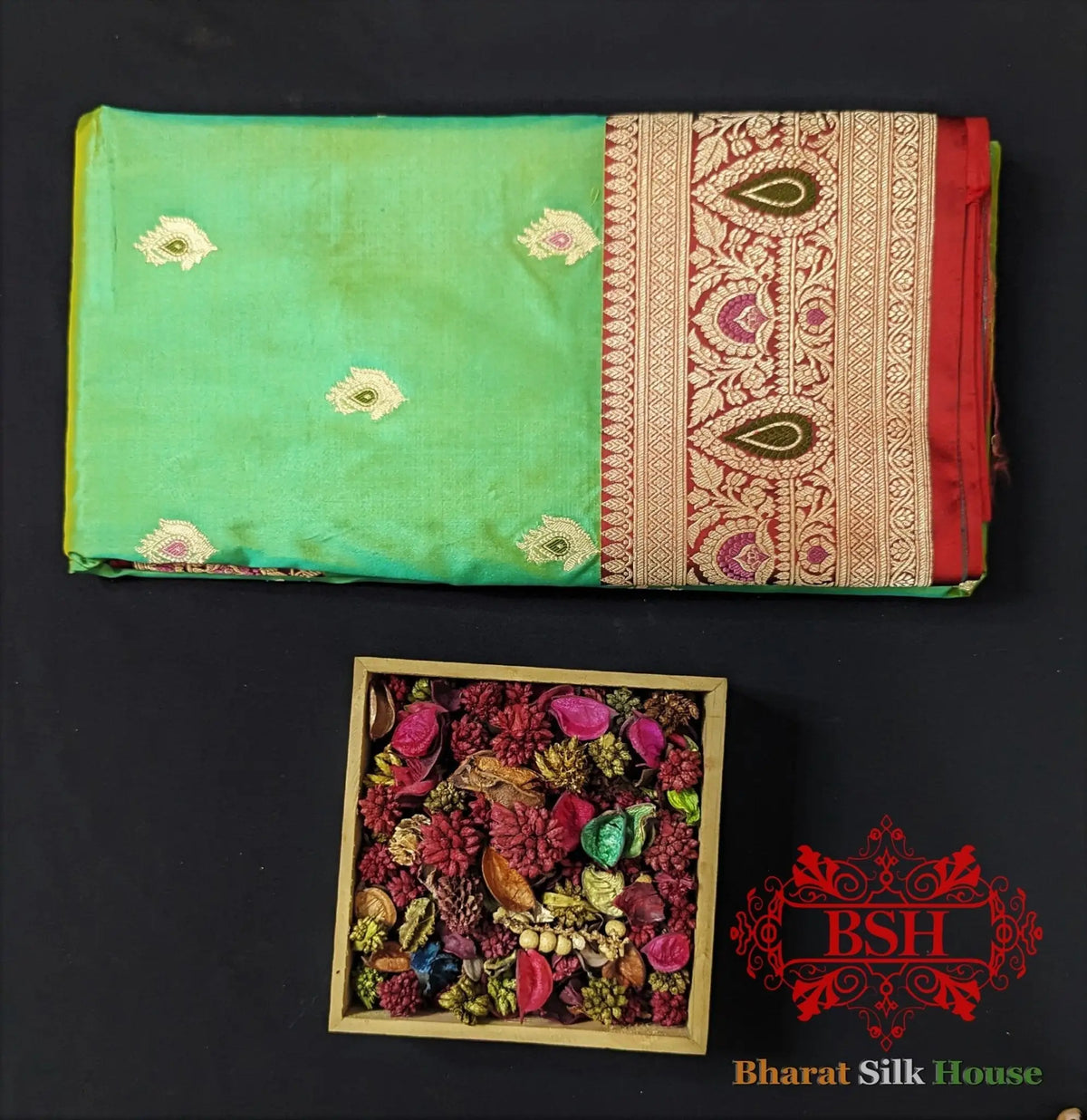 Pure Banarasi Handloom Katan Silk Meenakari Antique Zari Saree In Shades Of Mint Green - Bharat Silk House Pure Kataan Silk