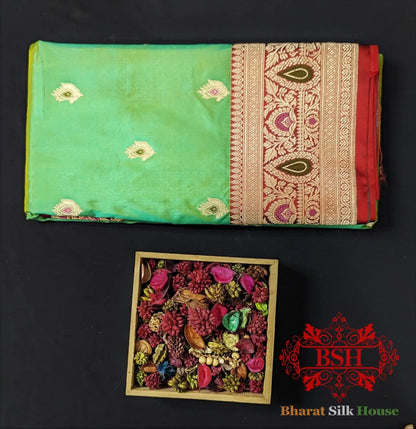 Pure Banarasi Handloom Katan Silk Meenakari Antique Zari Saree In Shades Of Mint Green - Bharat Silk House Pure Kataan Silk