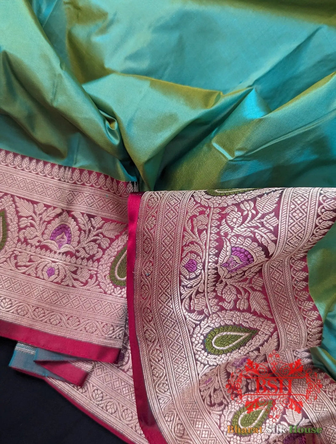 Pure Banarasi Handloom Katan Silk Meenakari Antique Zari Saree In Shades Of Mint Green - Bharat Silk House Pure Kataan Silk