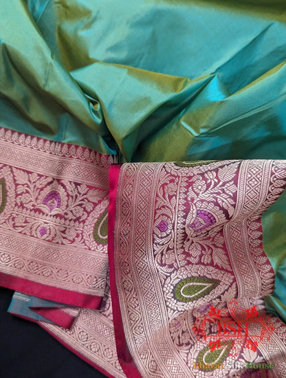 Pure Banarasi Handloom Katan Silk Meenakari Antique Zari Saree In Shades Of Mint Green - Bharat Silk House Pure Kataan Silk