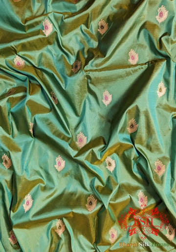 Pure Banarasi Handloom Katan Silk Meenakari Antique Zari Saree In Shades Of Mint Green - Bharat Silk House Pure Kataan Silk