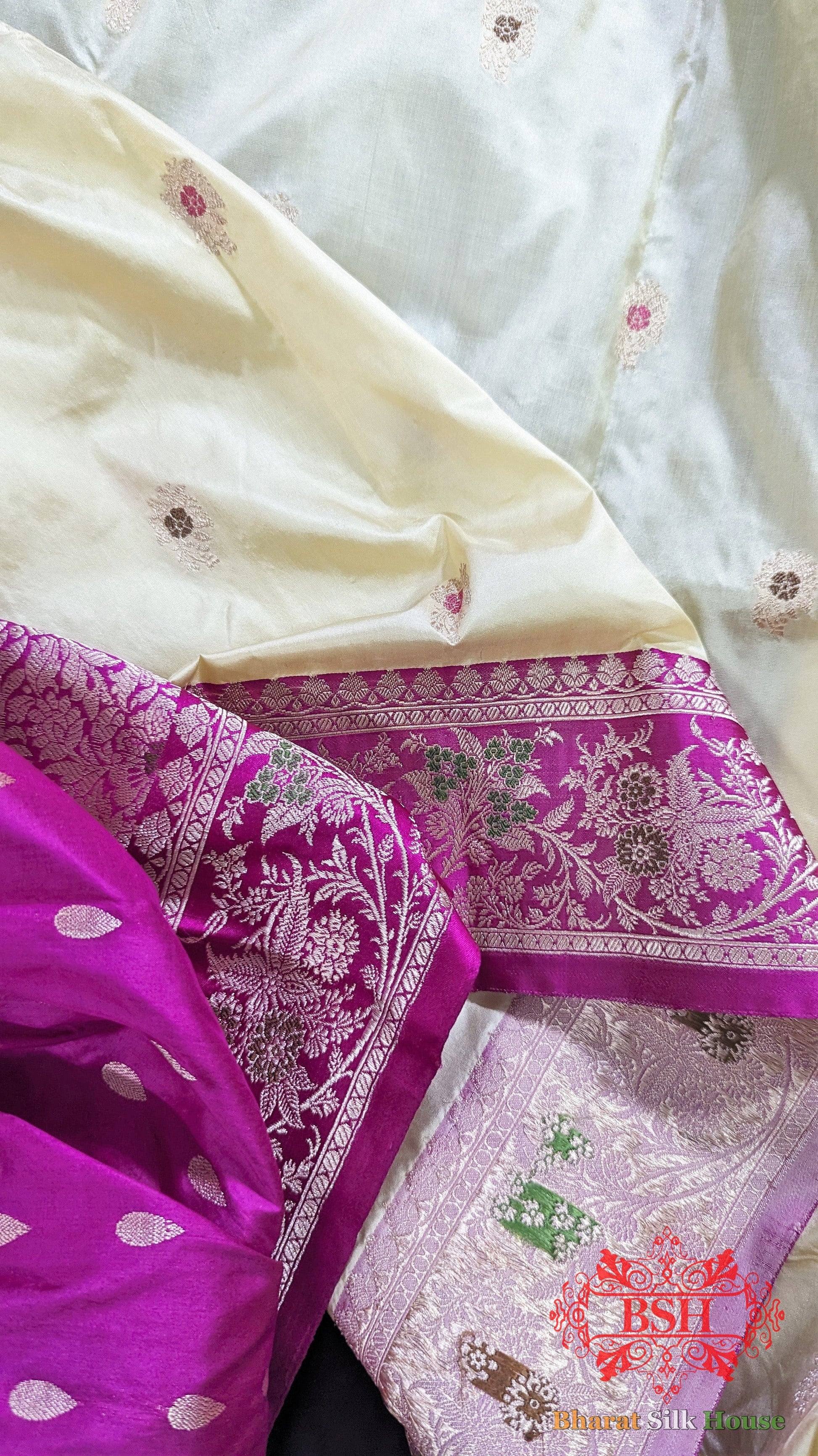 Pure Banarasi Handloom Katan Silk Meenakari Antique Zari Saree In Shades Of Off White - Bharat Silk House