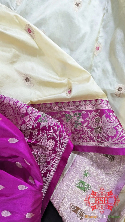 Pure Banarasi Handloom Katan Silk Meenakari Antique Zari Saree In Shades Of Off White - Bharat Silk House Pure Kataan Silk