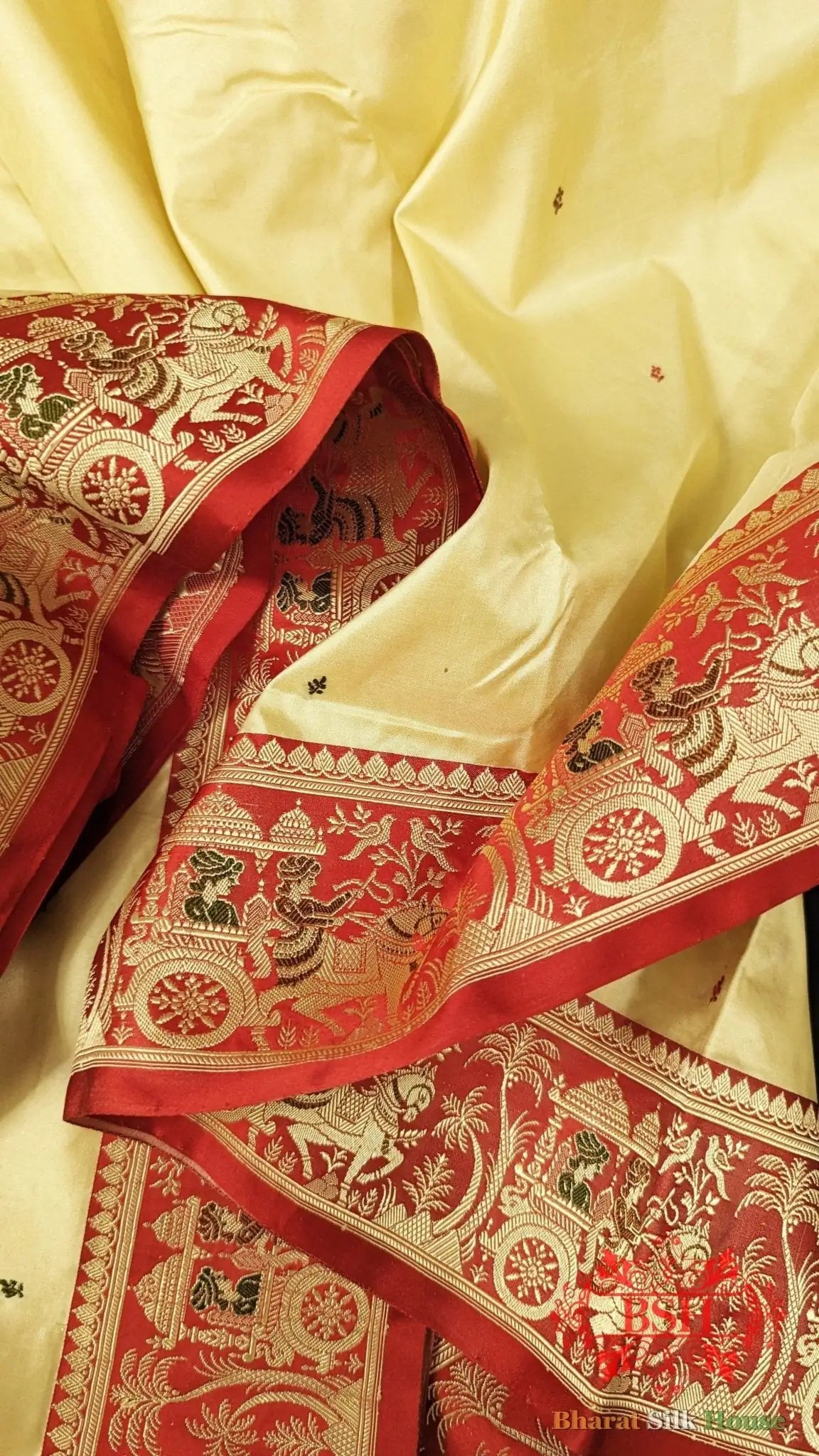 Pure Banarasi Handloom Katan Silk Meenakari Antique Zari Saree In Shades Of Off White - Bharat Silk House Pure Kataan Silk