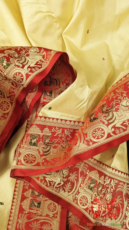 Pure Banarasi Handloom Katan Silk Meenakari Antique Zari Saree In Shades Of Off White - Bharat Silk House Pure Kataan Silk
