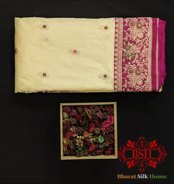 Pure Banarasi Handloom Katan Silk Meenakari Antique Zari Saree In Shades Of Off White - Bharat Silk House Pure Kataan Silk