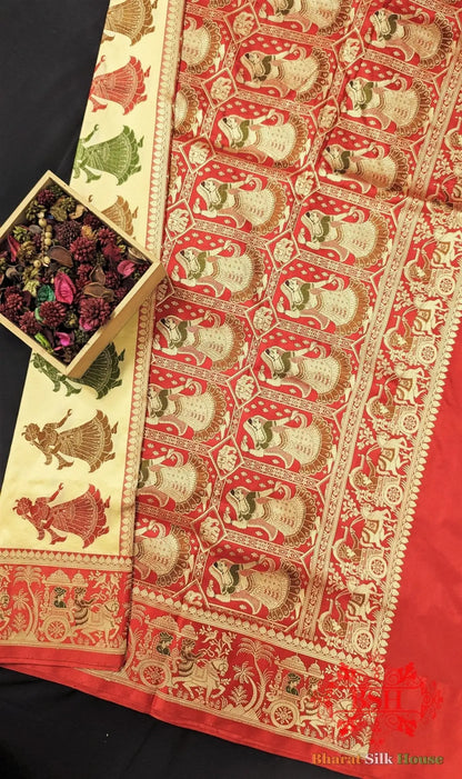 Pure Banarasi Handloom Katan Silk Meenakari Antique Zari Saree In Shades Of Off White - Bharat Silk House Pure Kataan Silk