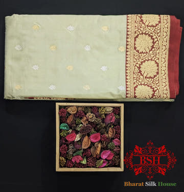 Pure Banarasi Handloom Katan Silk Meenakari Antique Zari Saree In Shades Of Off White - Bharat Silk House Pure Kataan Silk