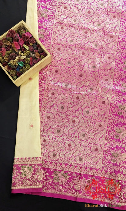 Pure Banarasi Handloom Katan Silk Meenakari Antique Zari Saree In Shades Of Off White - Bharat Silk House Pure Kataan Silk
