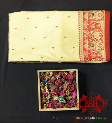 Pure Banarasi Handloom Katan Silk Meenakari Antique Zari Saree In Shades Of Off White - Bharat Silk House Pure Kataan Silk