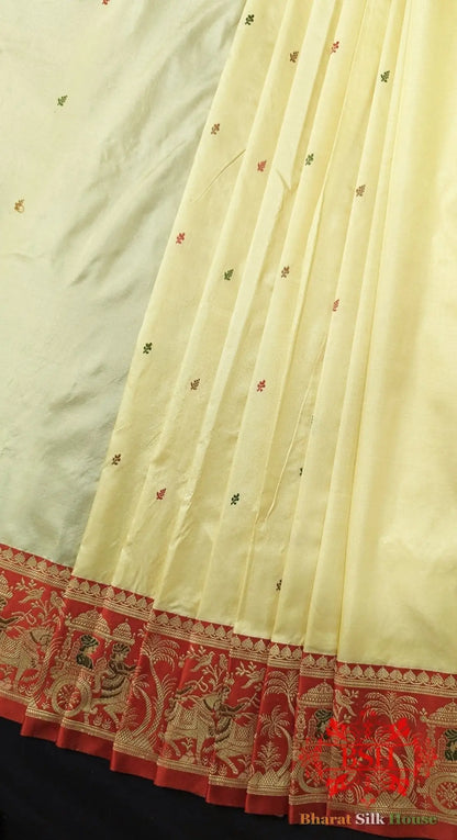 Pure Banarasi Handloom Katan Silk Meenakari Antique Zari Saree In Shades Of Off White - Bharat Silk House Pure Kataan Silk