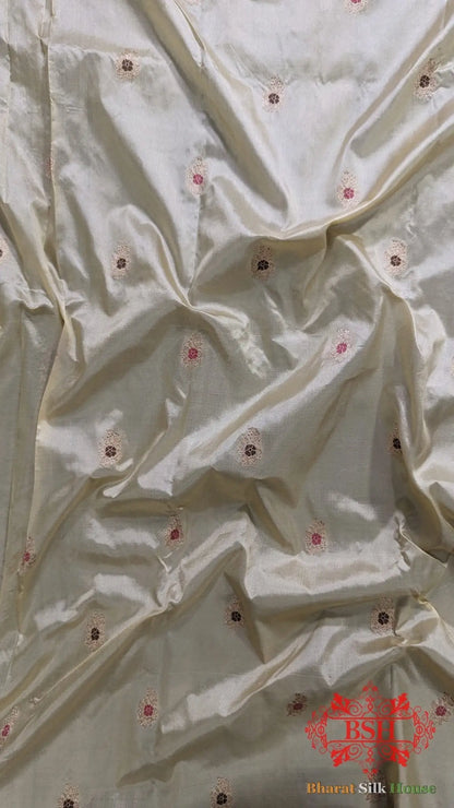 Pure Banarasi Handloom Katan Silk Meenakari Antique Zari Saree In Shades Of Off White - Bharat Silk House Pure Kataan Silk