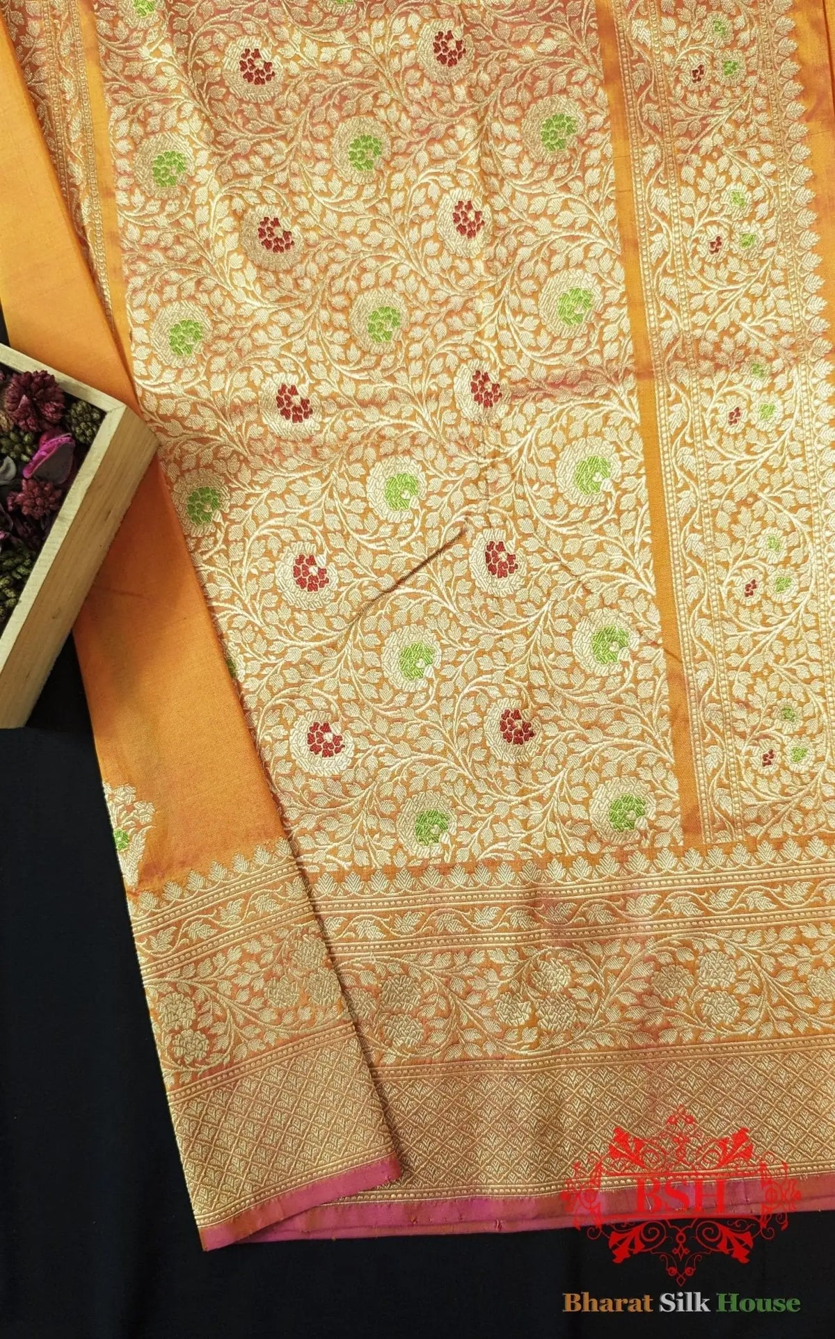 Pure Banarasi Handloom Katan Silk Meenakari Antique Zari Saree In Shades Of Orange - Bharat Silk House Pure Kataan Silk