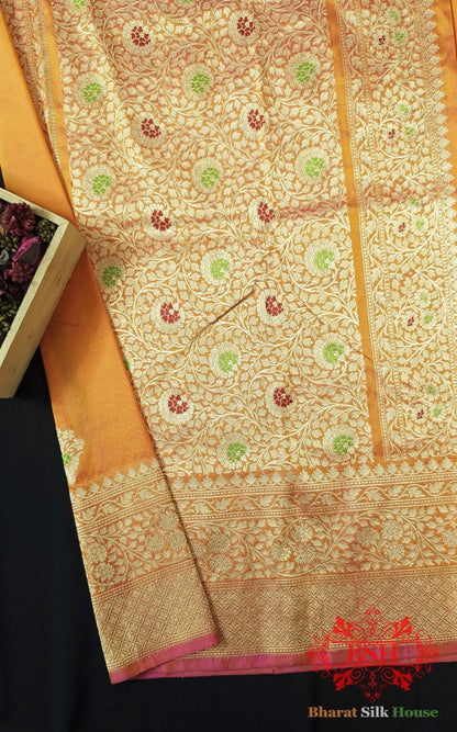 Pure Banarasi Handloom Katan Silk Meenakari Antique Zari Saree In Shades Of Orange - Bharat Silk House Pure Kataan Silk