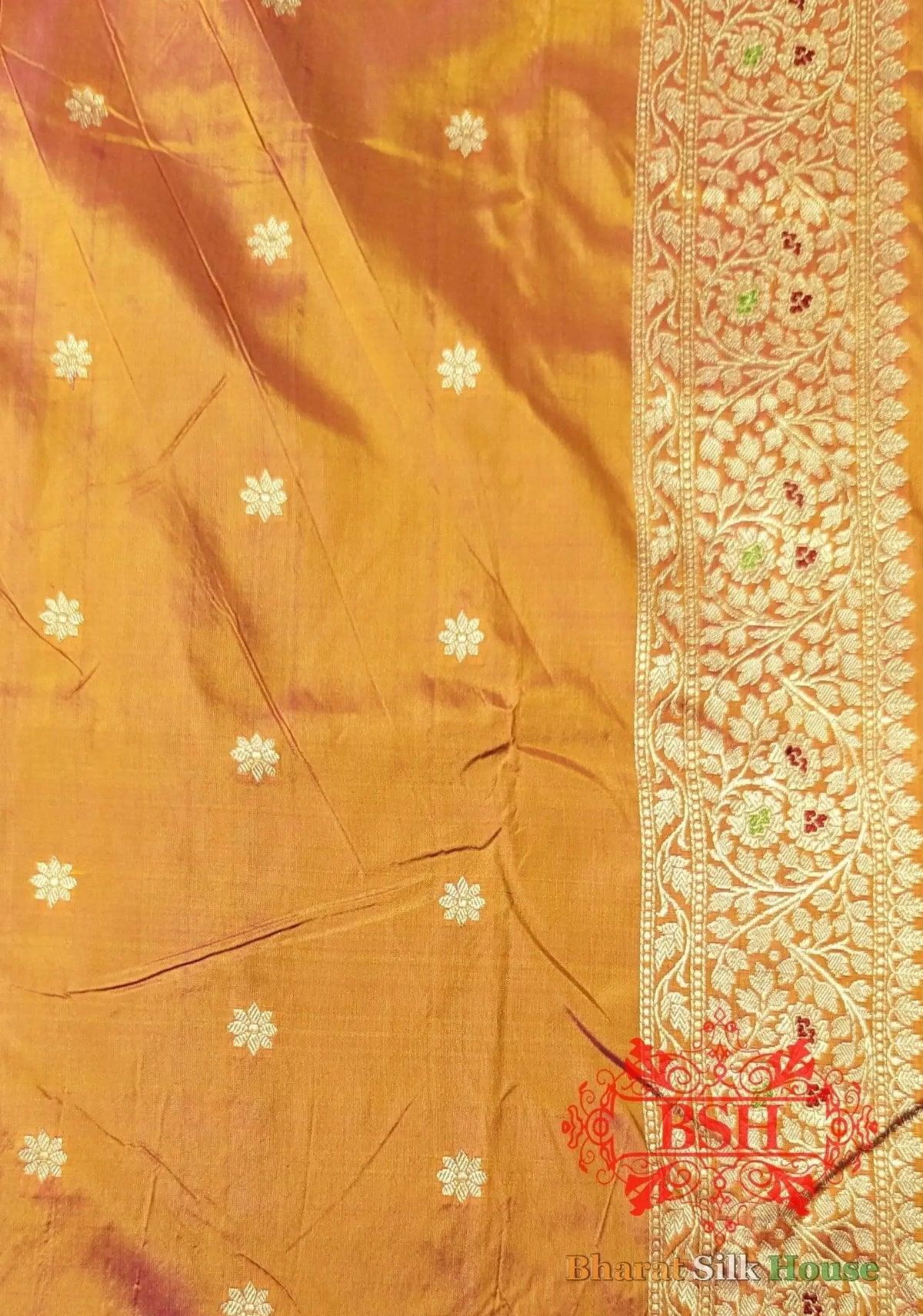 Pure Banarasi Handloom Katan Silk Meenakari Antique Zari Saree In Shades Of Orange - Bharat Silk House Pure Kataan Silk