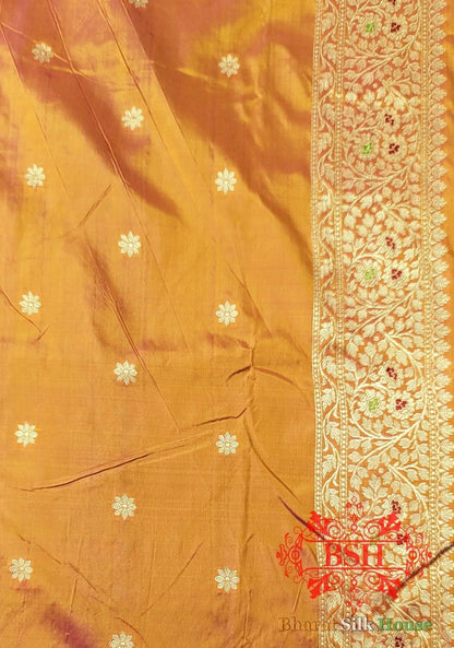 Pure Banarasi Handloom Katan Silk Meenakari Antique Zari Saree In Shades Of Orange - Bharat Silk House Pure Kataan Silk