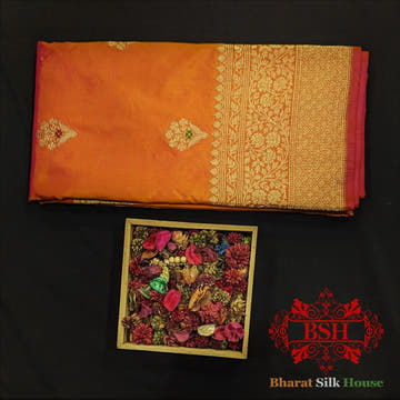 Pure Banarasi Handloom Katan Silk Meenakari Antique Zari Saree In Shades Of Orange - Bharat Silk House Pure Kataan Silk