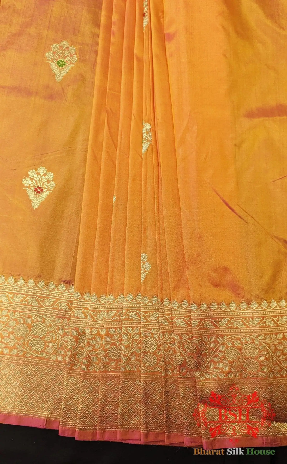 Pure Banarasi Handloom Katan Silk Meenakari Antique Zari Saree In Shades Of Orange - Bharat Silk House Pure Kataan Silk