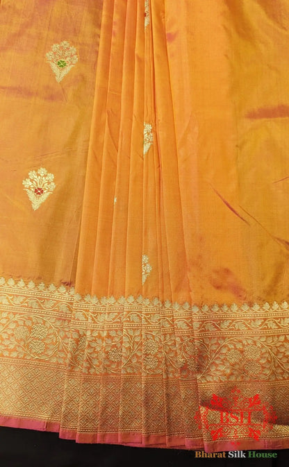 Pure Banarasi Handloom Katan Silk Meenakari Antique Zari Saree In Shades Of Orange - Bharat Silk House Pure Kataan Silk