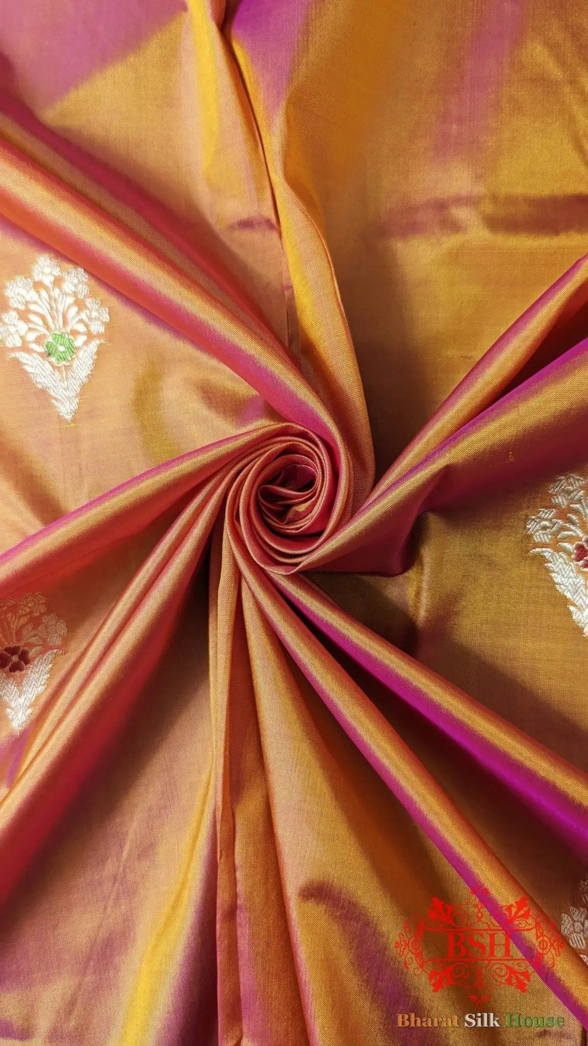 Pure Banarasi Handloom Katan Silk Meenakari Antique Zari Saree In Shades Of Orange - Bharat Silk House Pure Kataan Silk