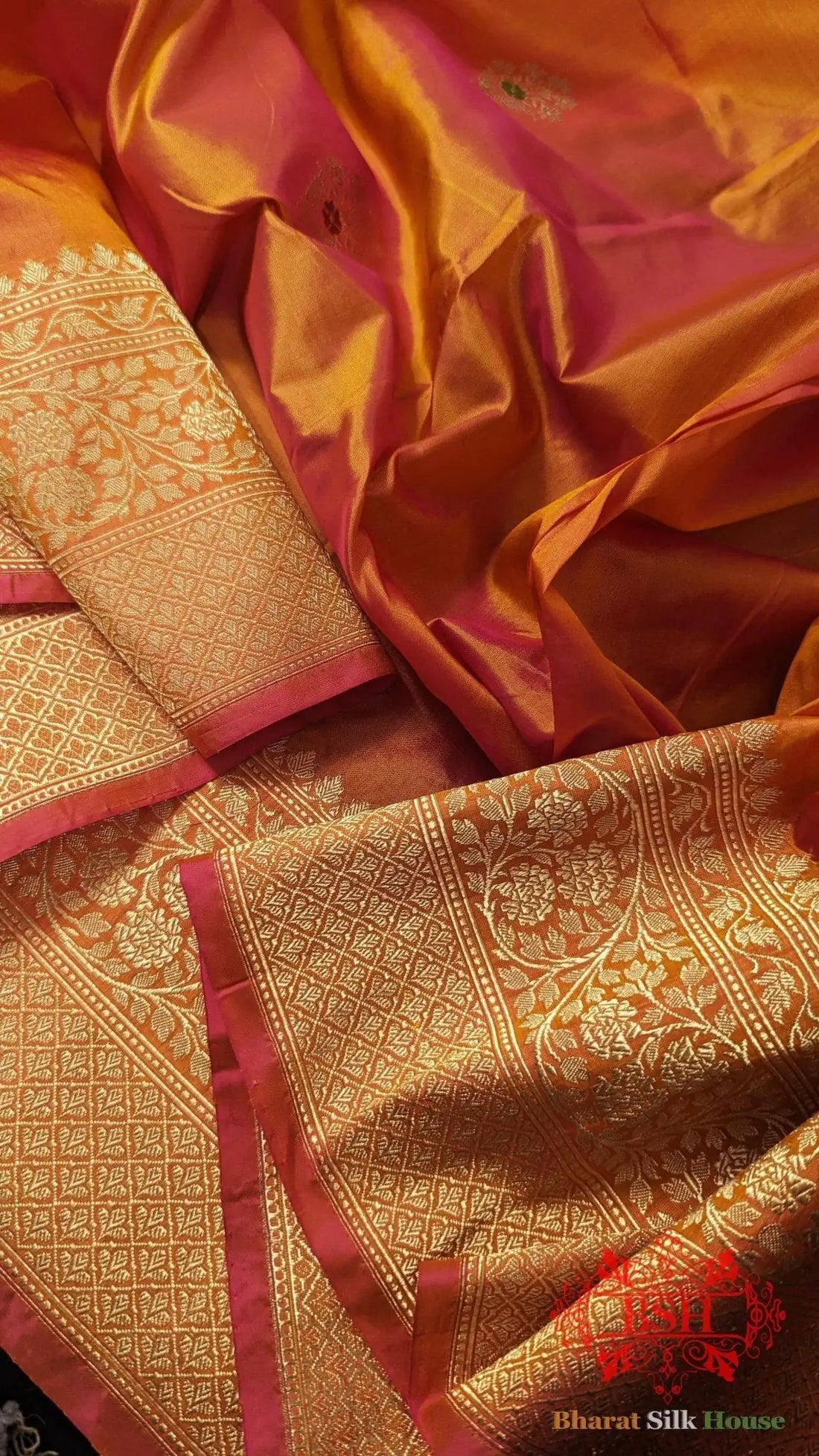 Pure Banarasi Handloom Katan Silk Meenakari Antique Zari Saree In Shades Of Orange - Bharat Silk House Pure Kataan Silk