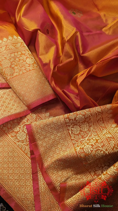 Pure Banarasi Handloom Katan Silk Meenakari Antique Zari Saree In Shades Of Orange - Bharat Silk House Pure Kataan Silk