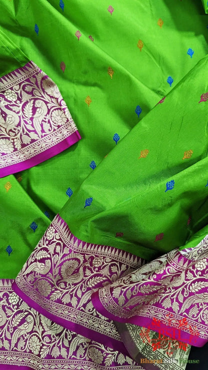 Pure Banarasi Handloom Katan Silk Meenakari Antique Zari Saree In Shades Of Parrot Green - Bharat Silk House Pure Kataan Silk