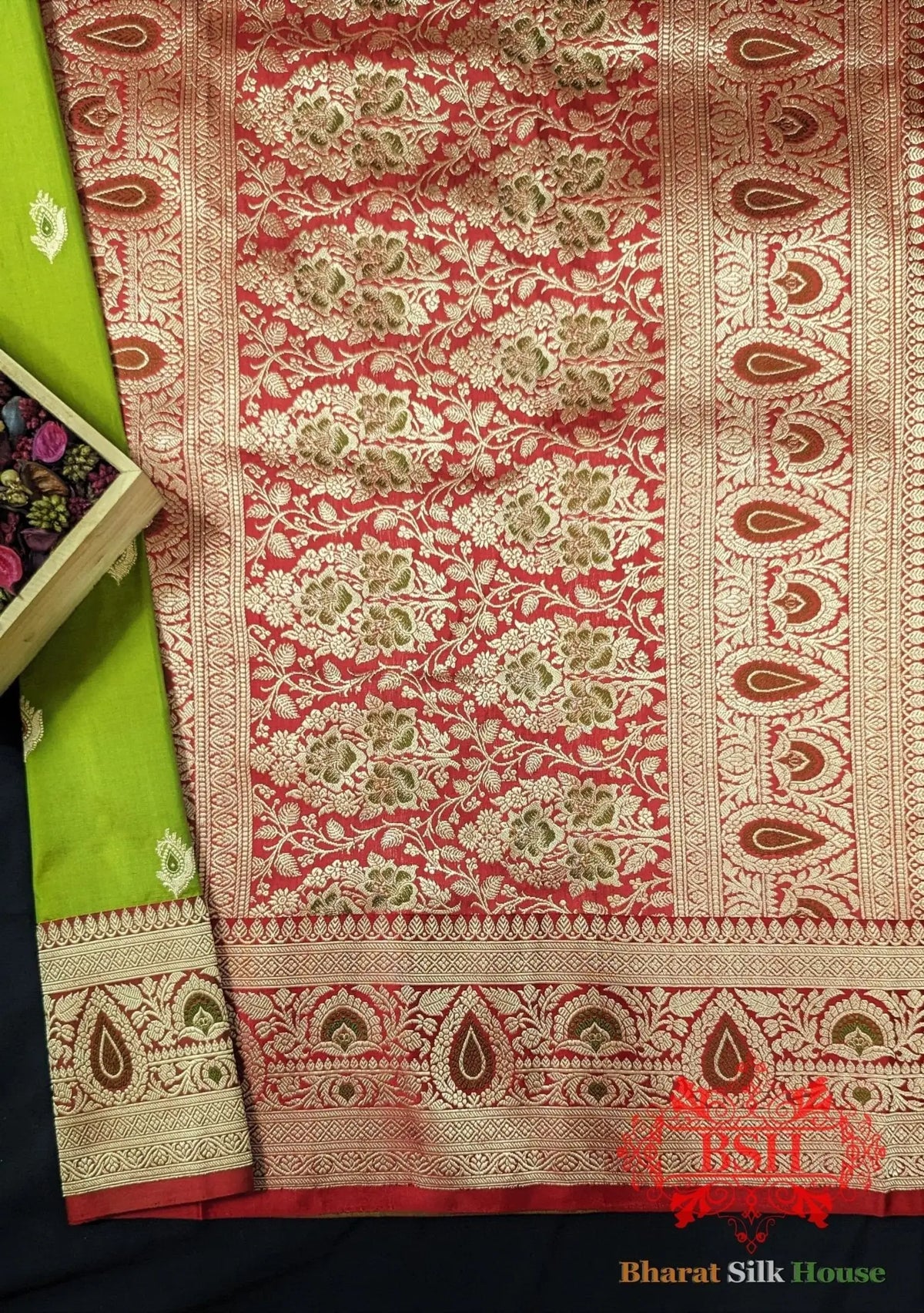 Pure Banarasi Handloom Katan Silk Meenakari Antique Zari Saree In Shades Of Parrot Green - Bharat Silk House Pure Kataan Silk