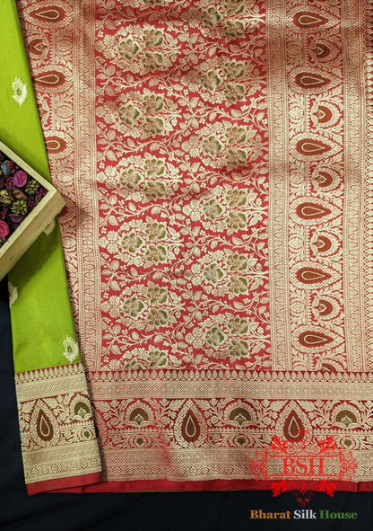 Pure Banarasi Handloom Katan Silk Meenakari Antique Zari Saree In Shades Of Parrot Green - Bharat Silk House Pure Kataan Silk