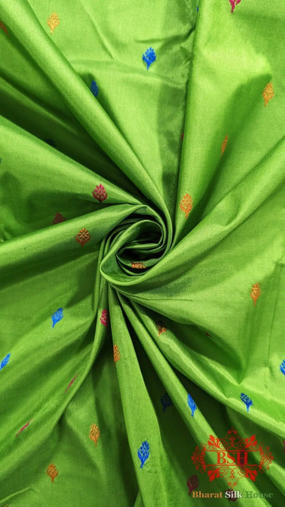 Pure Banarasi Handloom Katan Silk Meenakari Antique Zari Saree In Shades Of Parrot Green - Bharat Silk House Pure Kataan Silk