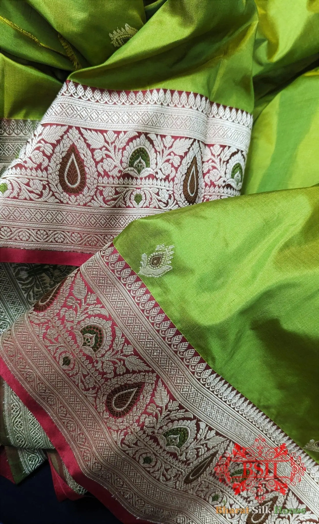 Pure Banarasi Handloom Katan Silk Meenakari Antique Zari Saree In Shades Of Parrot Green - Bharat Silk House Pure Kataan Silk