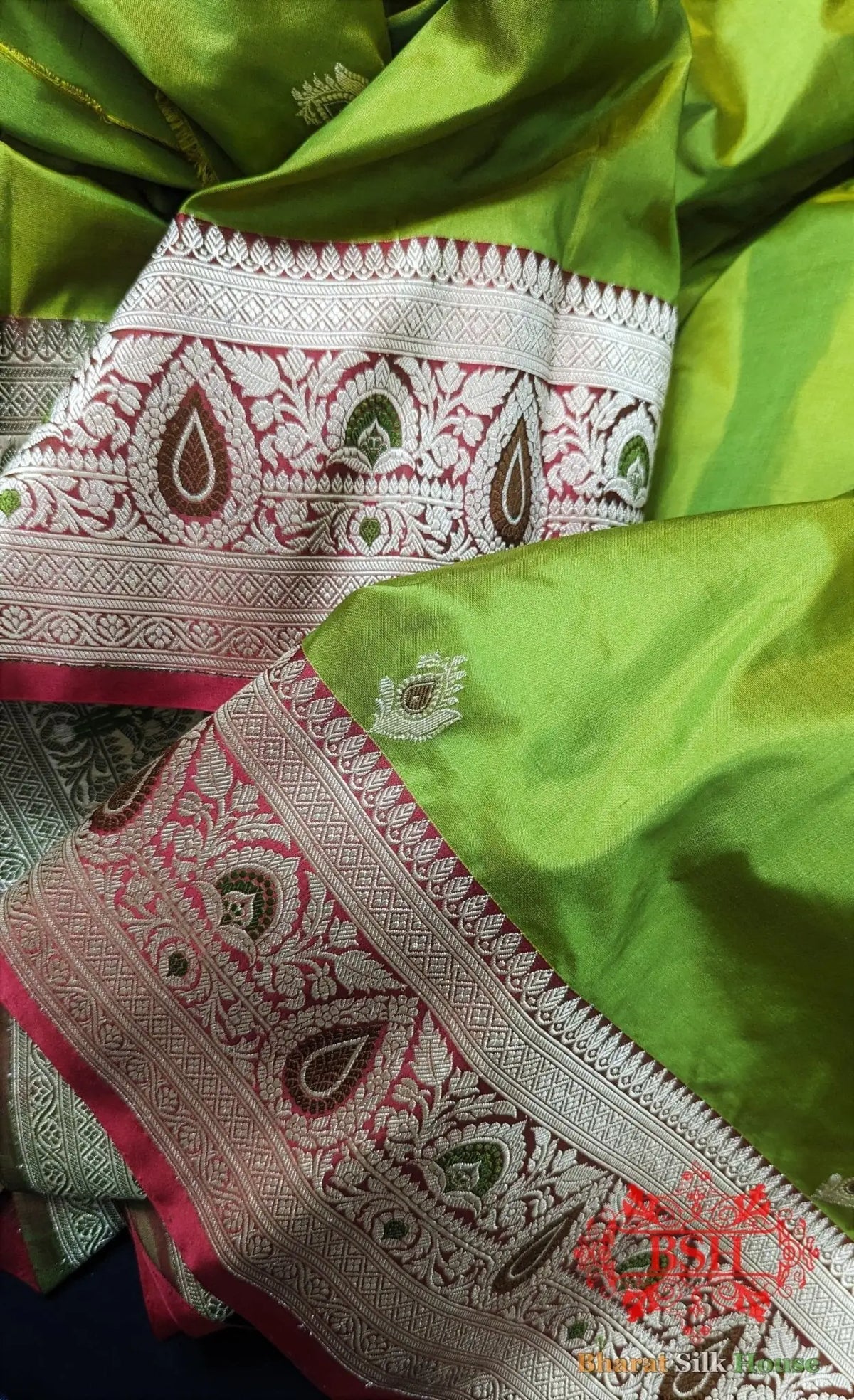 Pure Banarasi Handloom Katan Silk Meenakari Antique Zari Saree In Shades Of Parrot Green - Bharat Silk House Pure Kataan Silk