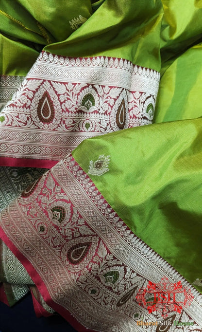Pure Banarasi Handloom Katan Silk Meenakari Antique Zari Saree In Shades Of Parrot Green - Bharat Silk House Pure Kataan Silk