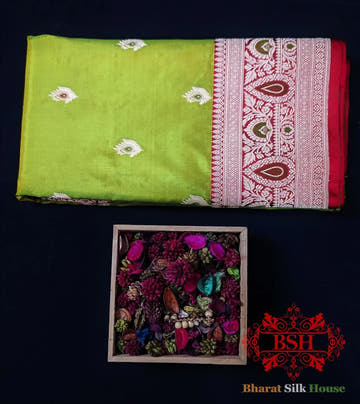 Pure Banarasi Handloom Katan Silk Meenakari Antique Zari Saree In Shades Of Parrot Green - Bharat Silk House Pure Kataan Silk