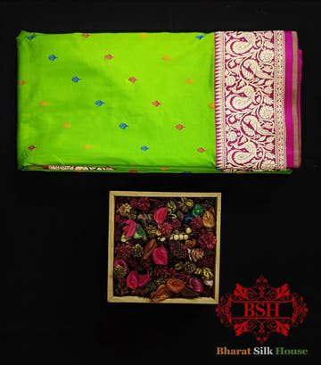 Pure Banarasi Handloom Katan Silk Meenakari Antique Zari Saree In Shades Of Parrot Green - Bharat Silk House Pure Kataan Silk