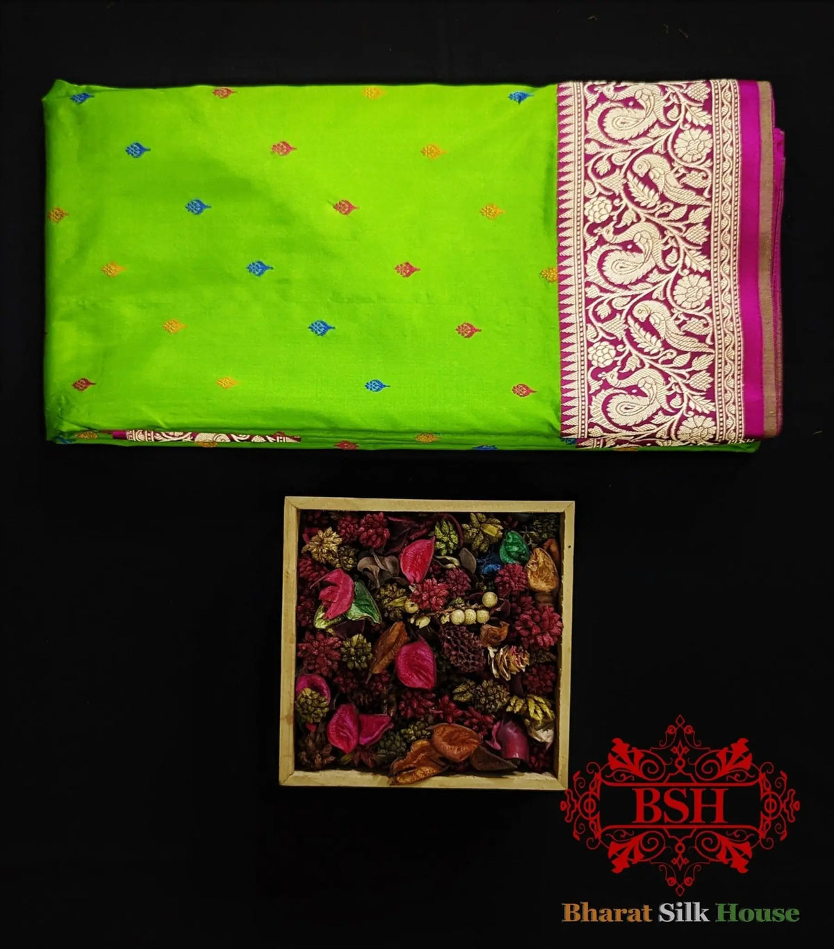 Pure Banarasi Handloom Katan Silk Meenakari Antique Zari Saree In Shades Of Parrot Green - Bharat Silk House Pure Kataan Silk