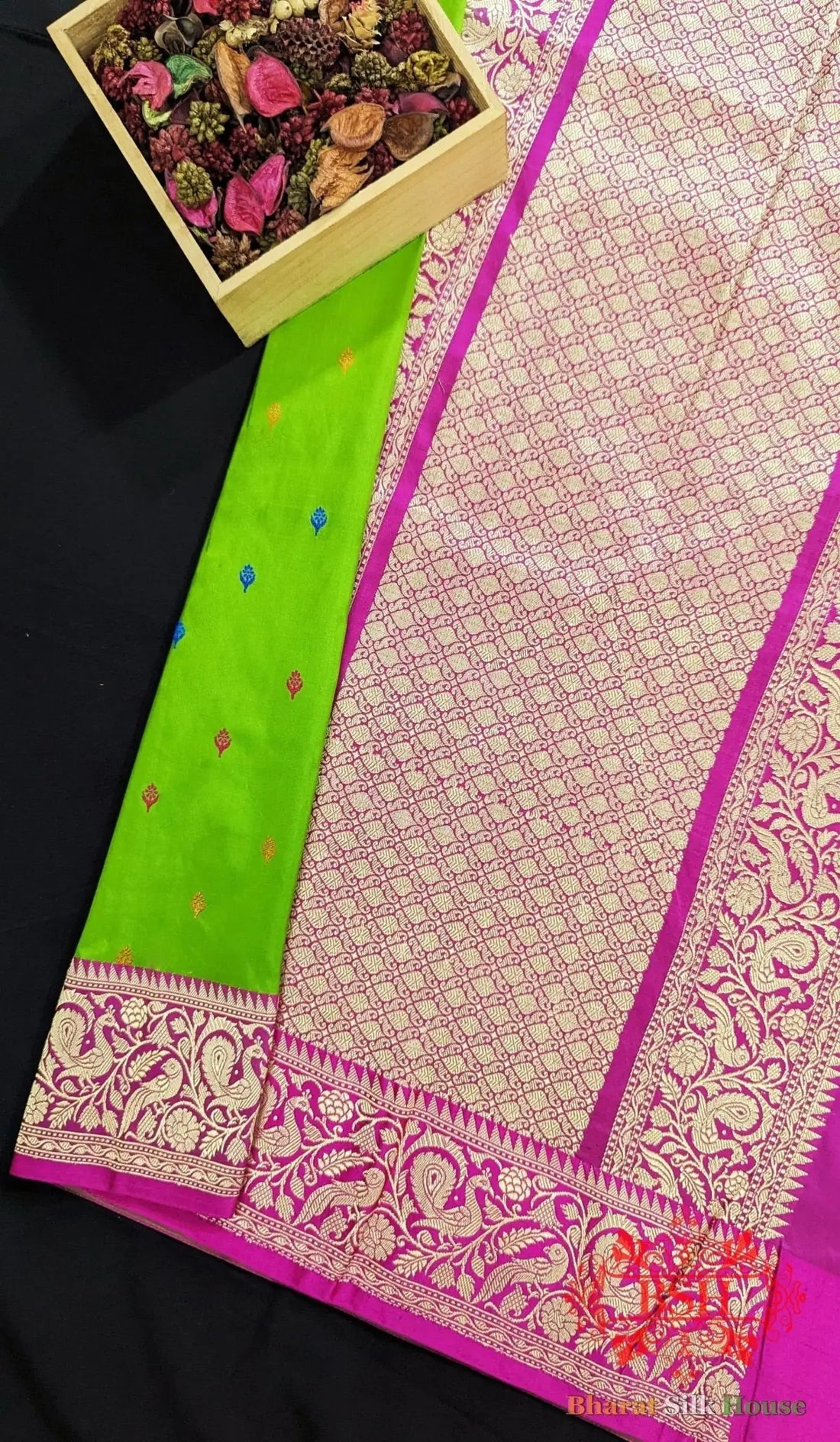 Pure Banarasi Handloom Katan Silk Meenakari Antique Zari Saree In Shades Of Parrot Green - Bharat Silk House Pure Kataan Silk