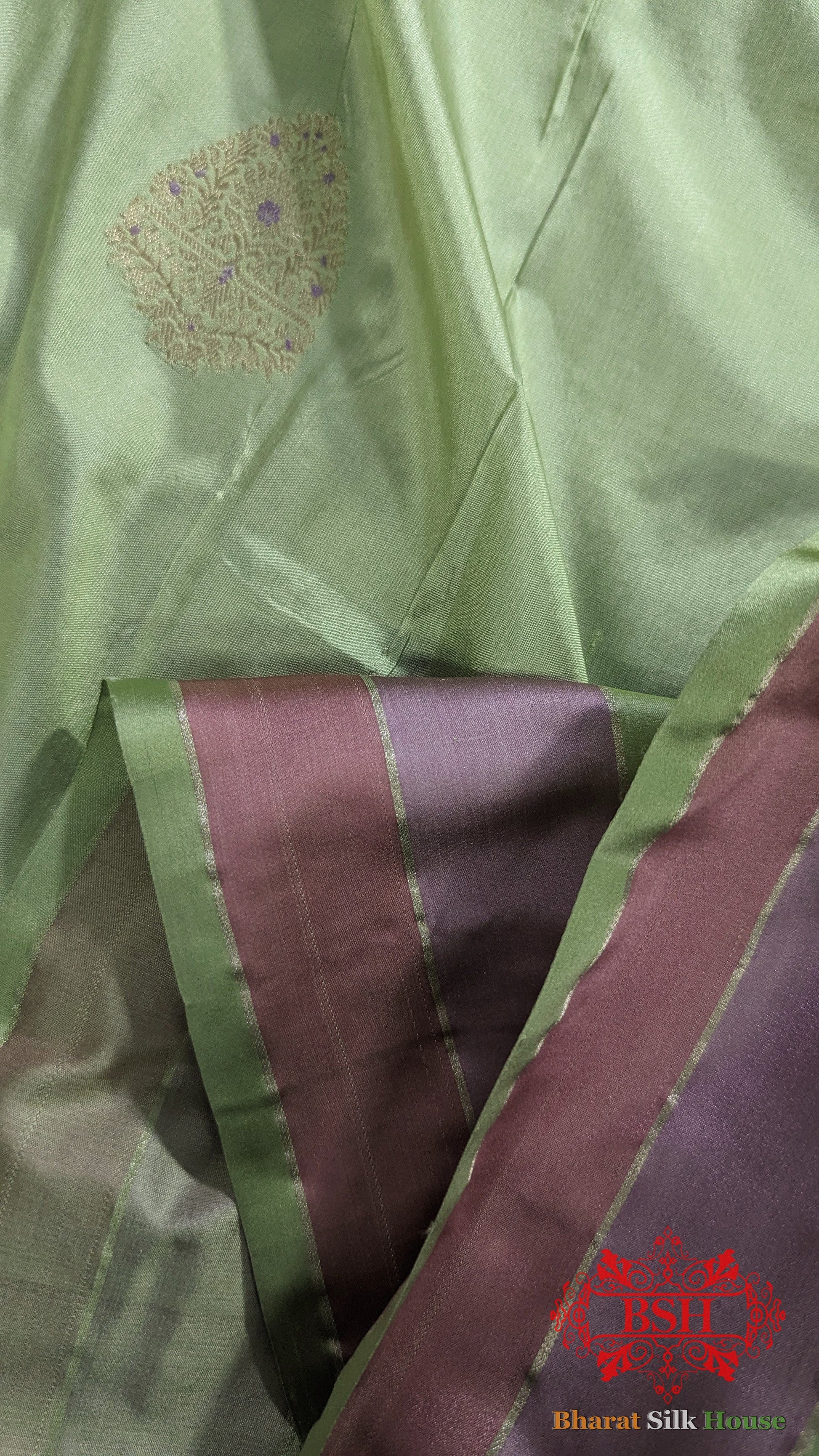 Pure Banarasi Handloom Katan Silk Meenakari Antique Zari Saree In Shades Of Pastel Green - Bharat Silk House