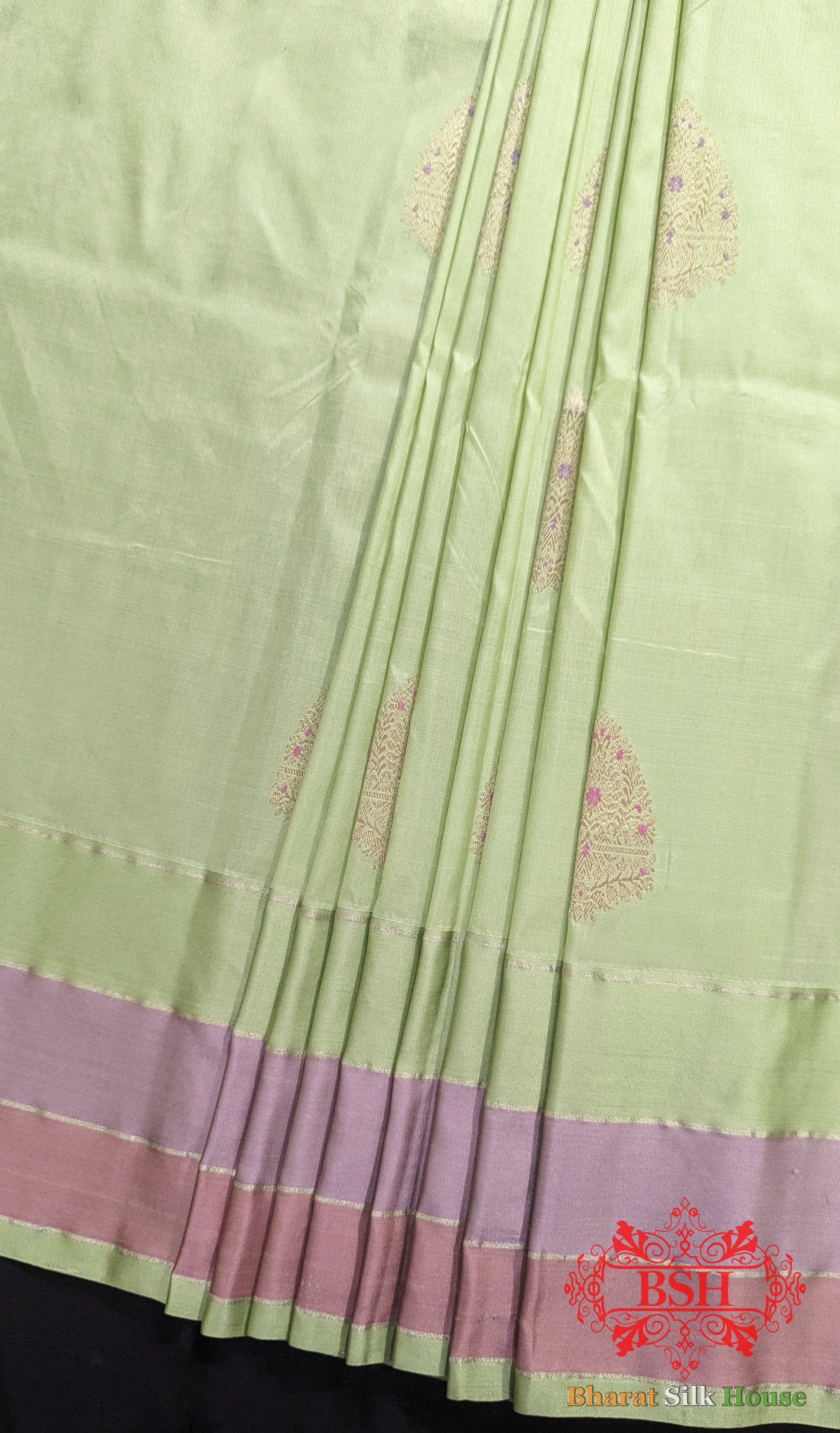 Pure Banarasi Handloom Katan Silk Meenakari Antique Zari Saree In Shades Of Pastel Green - Bharat Silk House