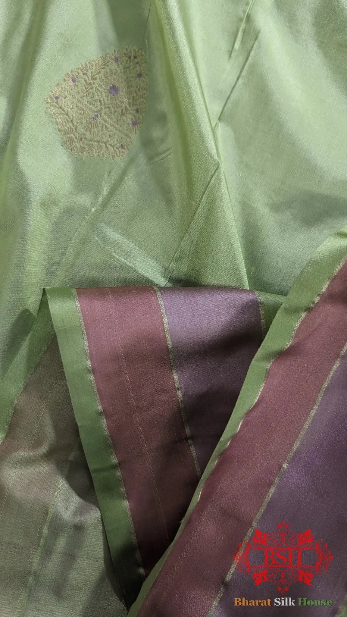Pure Banarasi Handloom Katan Silk Meenakari Antique Zari Saree In Shades Of Pastel Green - Bharat Silk House Pure Kataan Silk