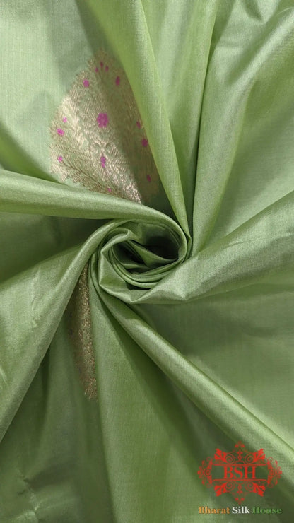 Pure Banarasi Handloom Katan Silk Meenakari Antique Zari Saree In Shades Of Pastel Green - Bharat Silk House Pure Kataan Silk