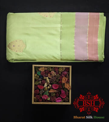Pure Banarasi Handloom Katan Silk Meenakari Antique Zari Saree In Shades Of Pastel Green - Bharat Silk House Pure Kataan Silk
