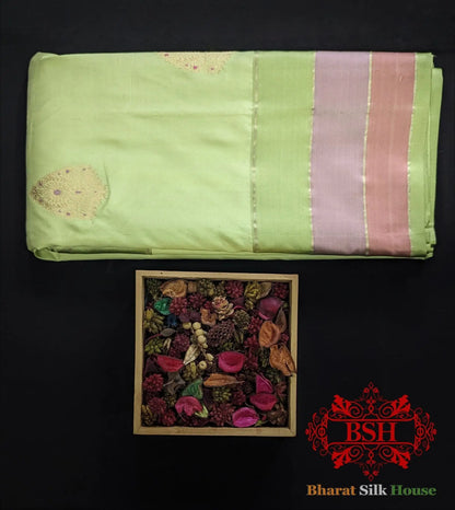 Pure Banarasi Handloom Katan Silk Meenakari Antique Zari Saree In Shades Of Pastel Green - Bharat Silk House Pure Kataan Silk