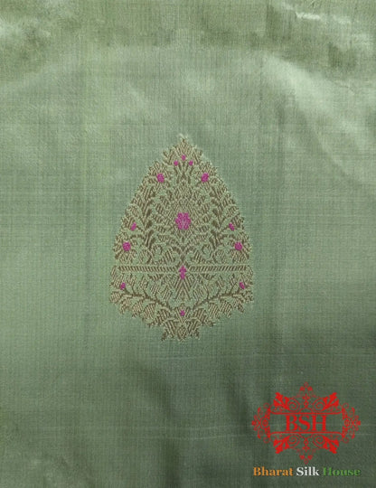 Pure Banarasi Handloom Katan Silk Meenakari Antique Zari Saree In Shades Of Pastel Green - Bharat Silk House Pure Kataan Silk