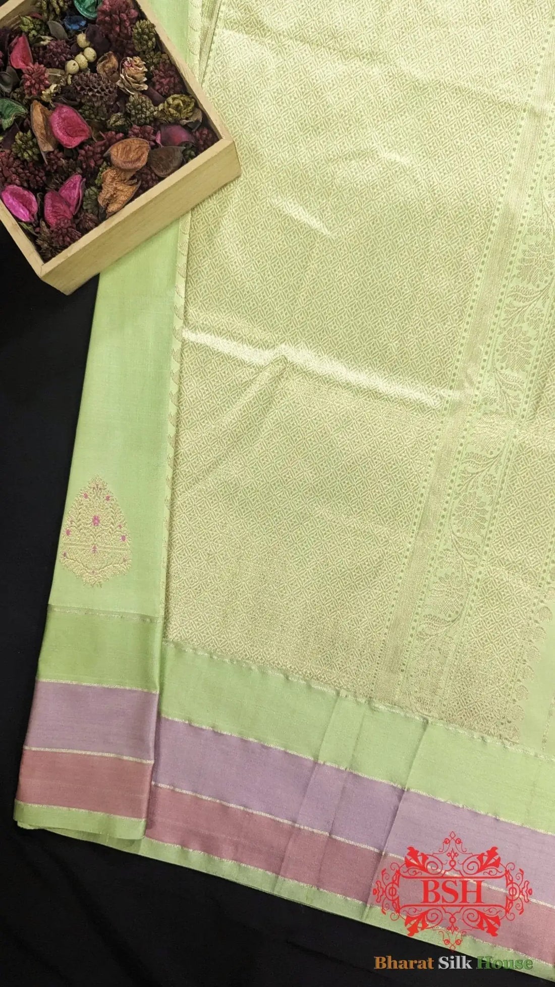 Pure Banarasi Handloom Katan Silk Meenakari Antique Zari Saree In Shades Of Pastel Green - Bharat Silk House Pure Kataan Silk