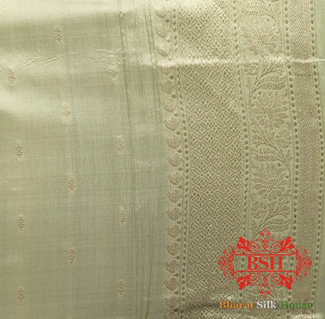 Pure Banarasi Handloom Katan Silk Meenakari Antique Zari Saree In Shades Of Pastel Green - Bharat Silk House Pure Kataan Silk