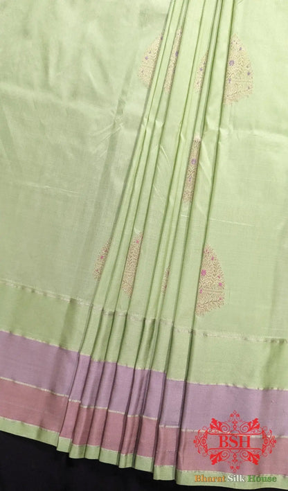 Pure Banarasi Handloom Katan Silk Meenakari Antique Zari Saree In Shades Of Pastel Green - Bharat Silk House Pure Kataan Silk