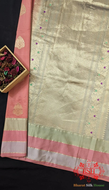 Pure Banarasi Handloom Katan Silk Meenakari Antique Zari Saree In Shades Of Peach - Bharat Silk House Pure Kataan Silk
