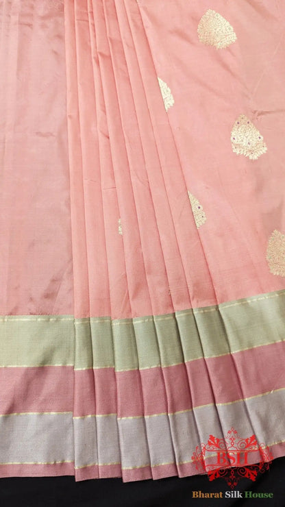 Pure Banarasi Handloom Katan Silk Meenakari Antique Zari Saree In Shades Of Peach - Bharat Silk House Pure Kataan Silk