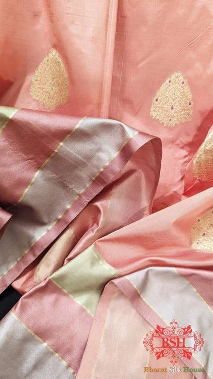 Pure Banarasi Handloom Katan Silk Meenakari Antique Zari Saree In Shades Of Peach - Bharat Silk House Pure Kataan Silk